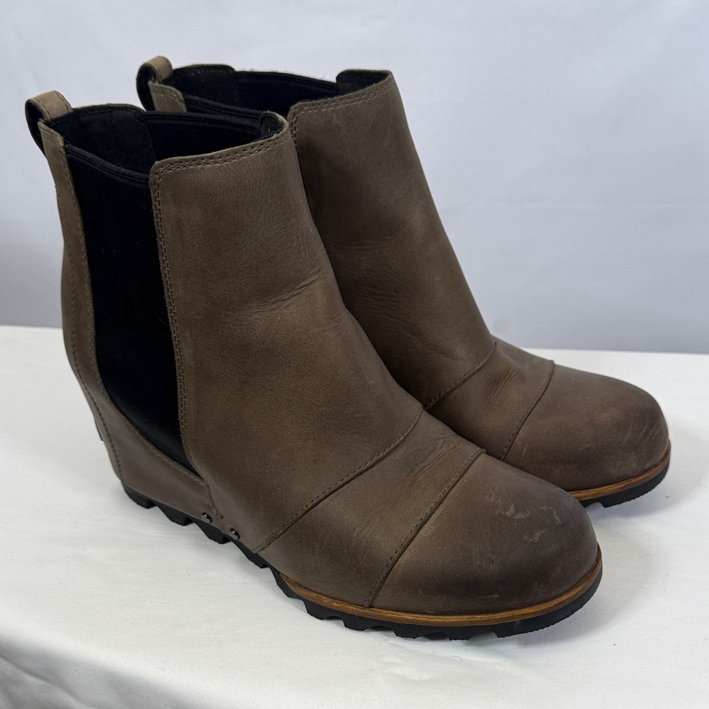 Sorel Lea Joan of Arctic Boots 11 EU42 Greige Leather Hidden Wedge Ankle Booties